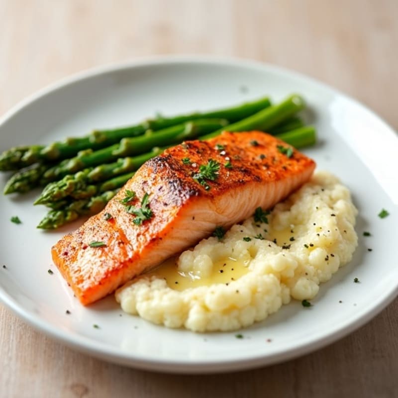 Seared Salmon with Steamed Asparagus and Cauliflower Mash