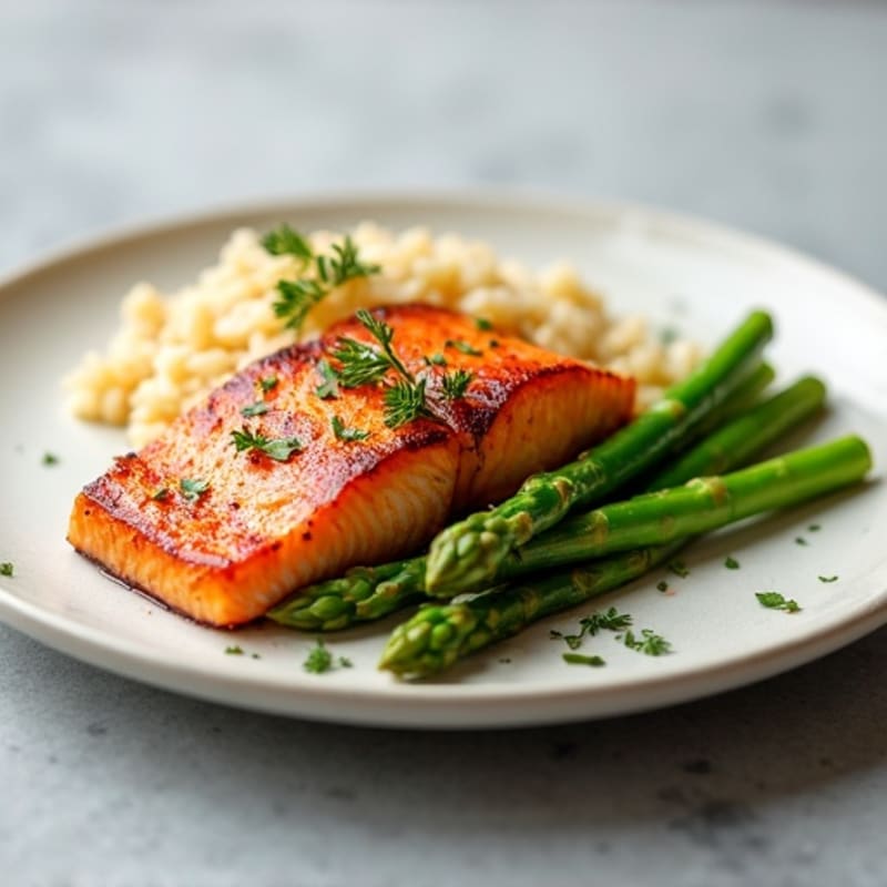 Seared Salmon Filet with Steamed Asparagus and Brown Rice