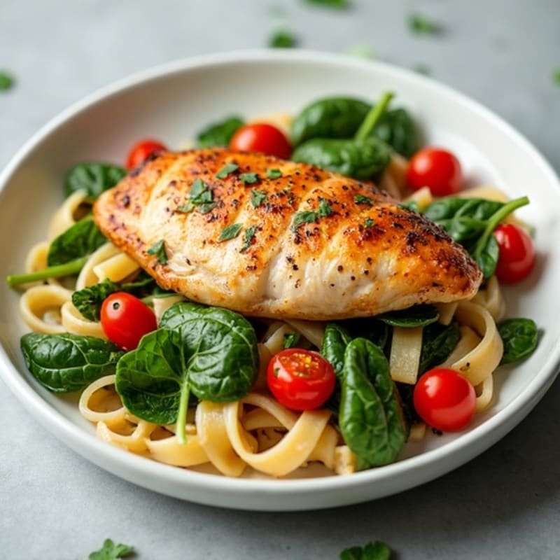 Herb-Roasted Chicken and Spinach Fusilloni with Burst Cherry Tomatoes