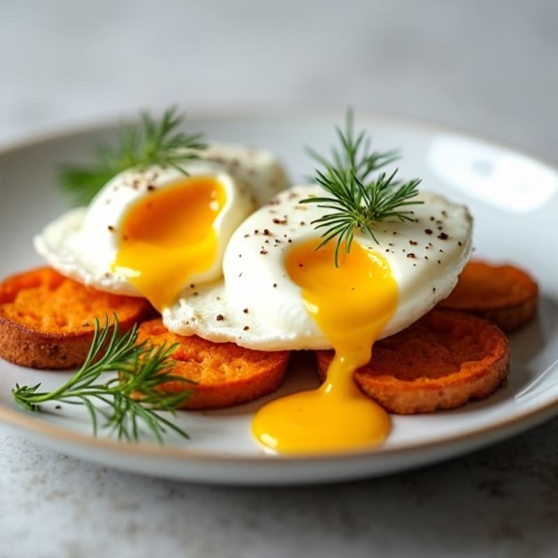 Poached Eggs with Crispy Sweet Potato and Creamy Lemon-Dill Sauce