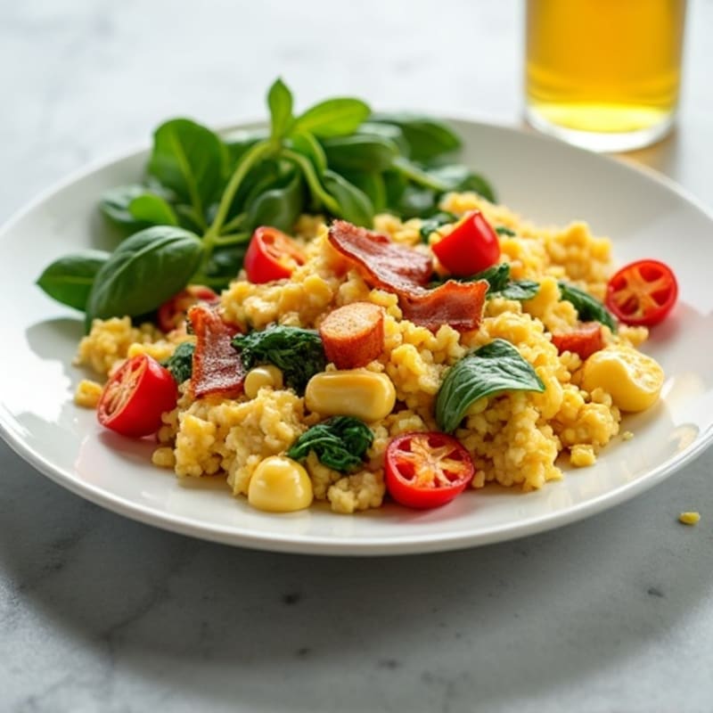 Egg White Veggie Scramble with Cottage Cheese and Turkey Bacon