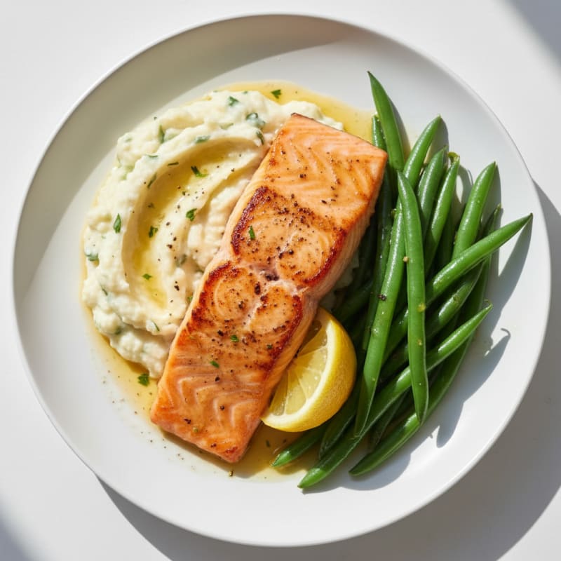 Seared Salmon Fillet with Steamed Green Beans and Garlic Mashed Cauliflower