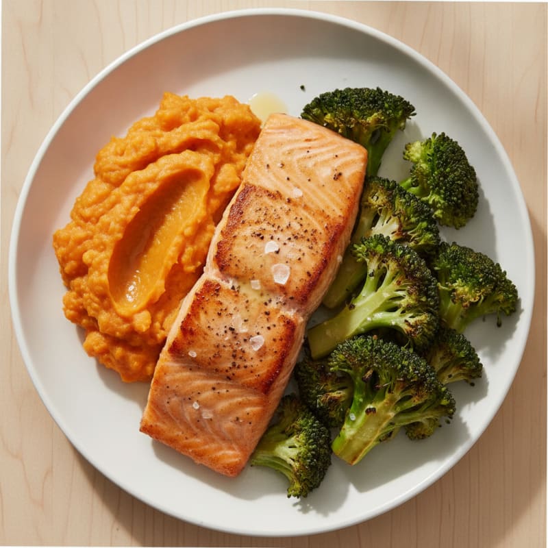 Seared Salmon with Roasted Broccoli and Sweet Potato Mash