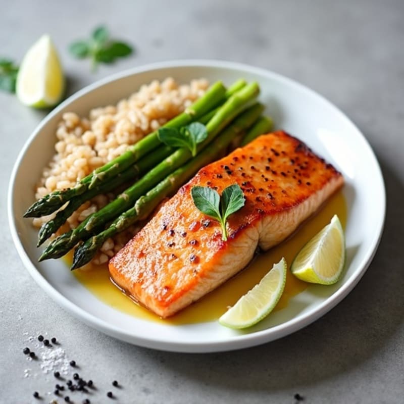 Seared Salmon with Steamed Asparagus and Brown Rice