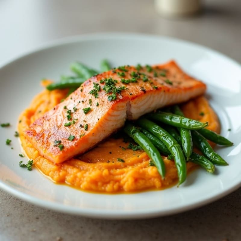 Seared Salmon with Steamed Green Beans and Sweet Potato Mash