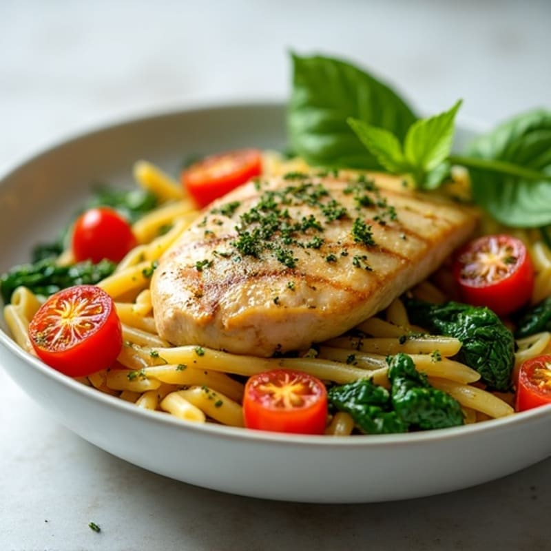 Chicken Pesto Pasta with Blistered Cherry Tomatoes and Spinach