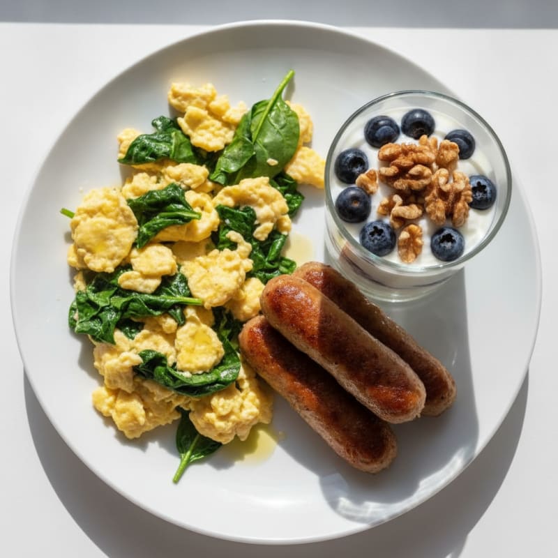 Scrambled Eggs with Turkey Sausage and Greek Yogurt Parfait