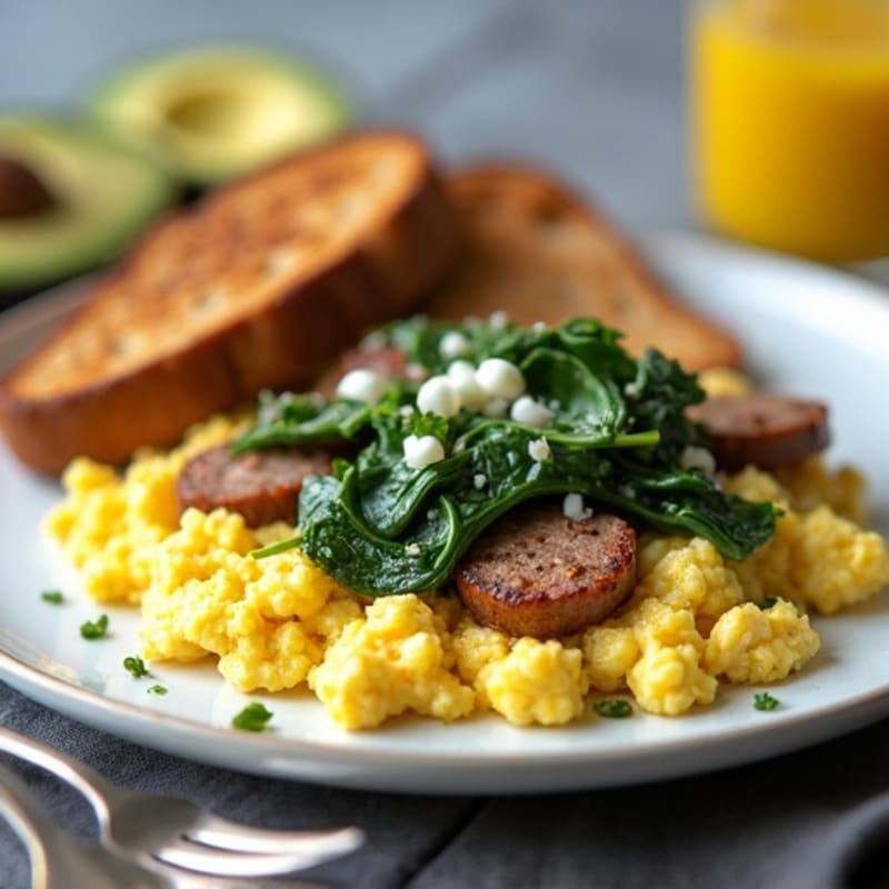 Egg White Scramble with Turkey Sausage and Sautéed Spinach