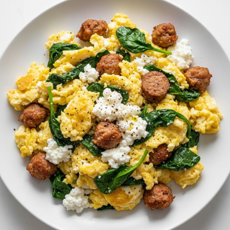 Cottage Cheese Scramble with Turkey Sausage and Spinach