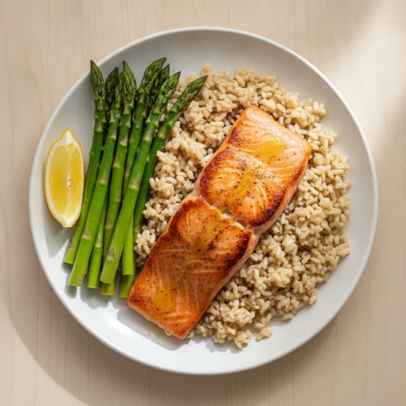Seared Salmon with Steamed Asparagus and Brown Rice