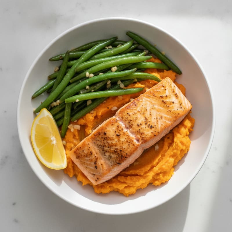 Seared Salmon Fillet with Garlic Green Beans and Sweet Potato Mash