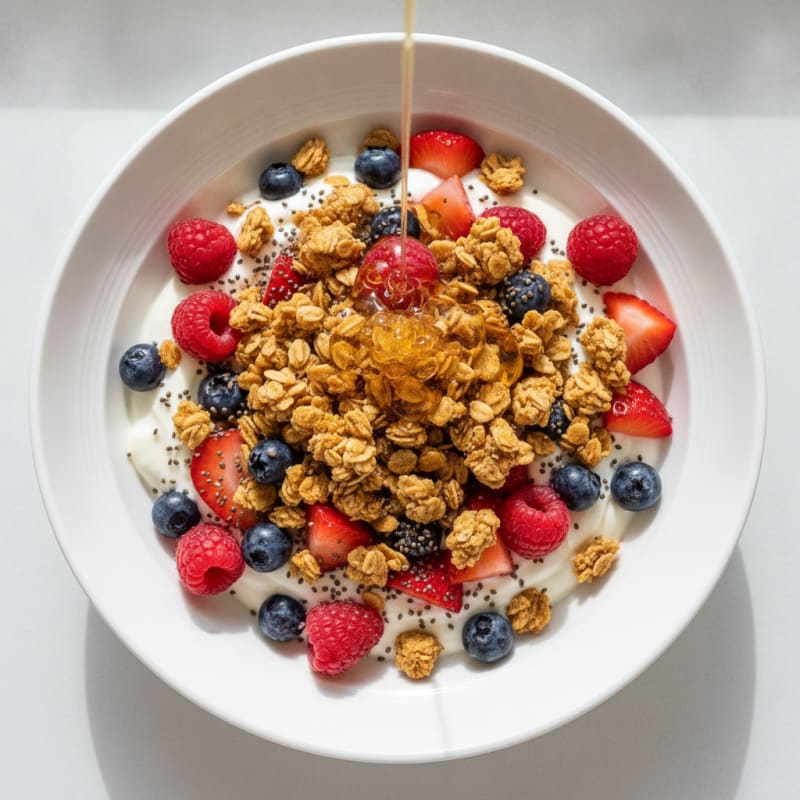 Greek Yogurt Parfait with Crunchy Almond Granola and Mixed Berries