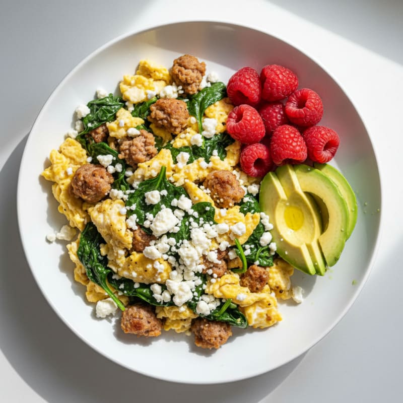 Egg White and Turkey Sausage Scramble with Spinach and Feta