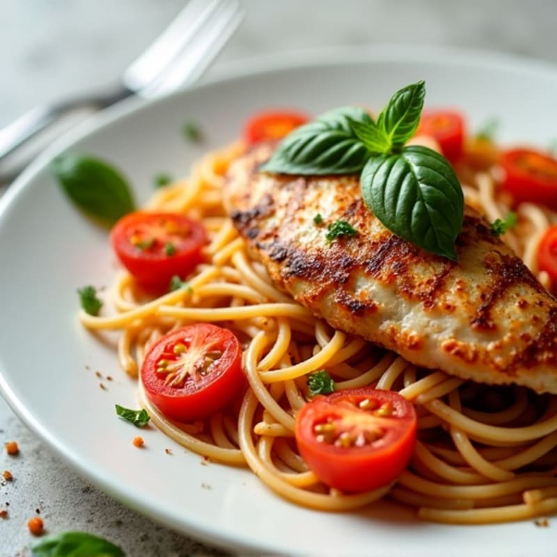 Pan-Seared Chicken with Wholewheat Spaghetti and Fresh Tomato Basil Sauce