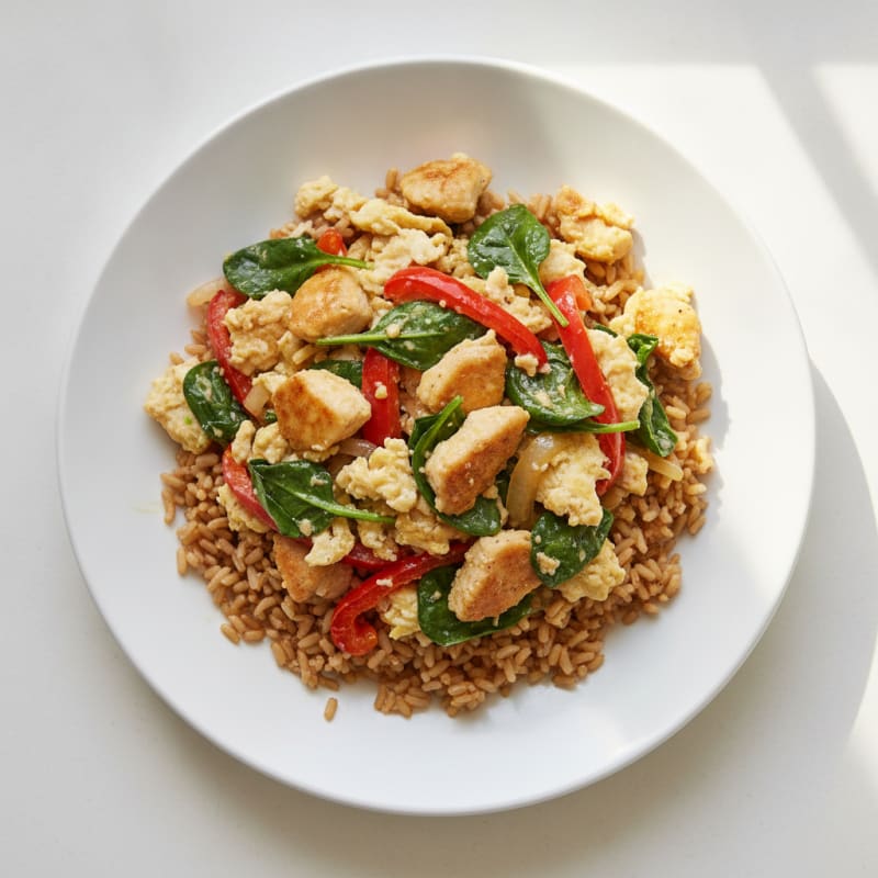 Egg White and Chicken Veggie Scramble with Brown Rice