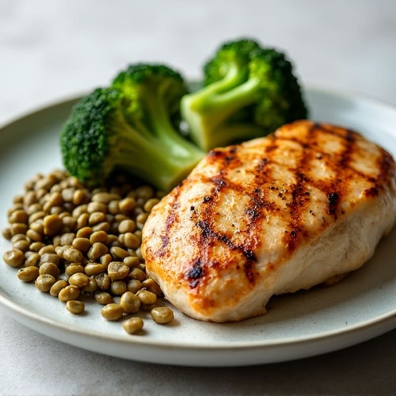 Grilled Chicken Breast with Roasted Broccoli and Lentils
