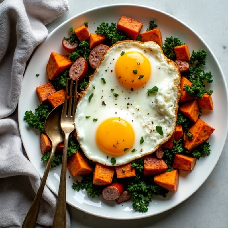 Sheet Pan Roasted Sweet Potato Hash with Eggs and Crispy Greens