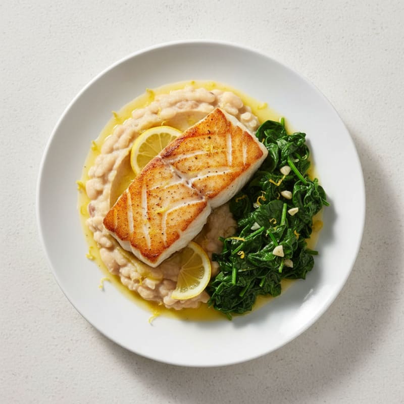 Seared Cod with Creamy White Bean Mash and Sautéed Spinach