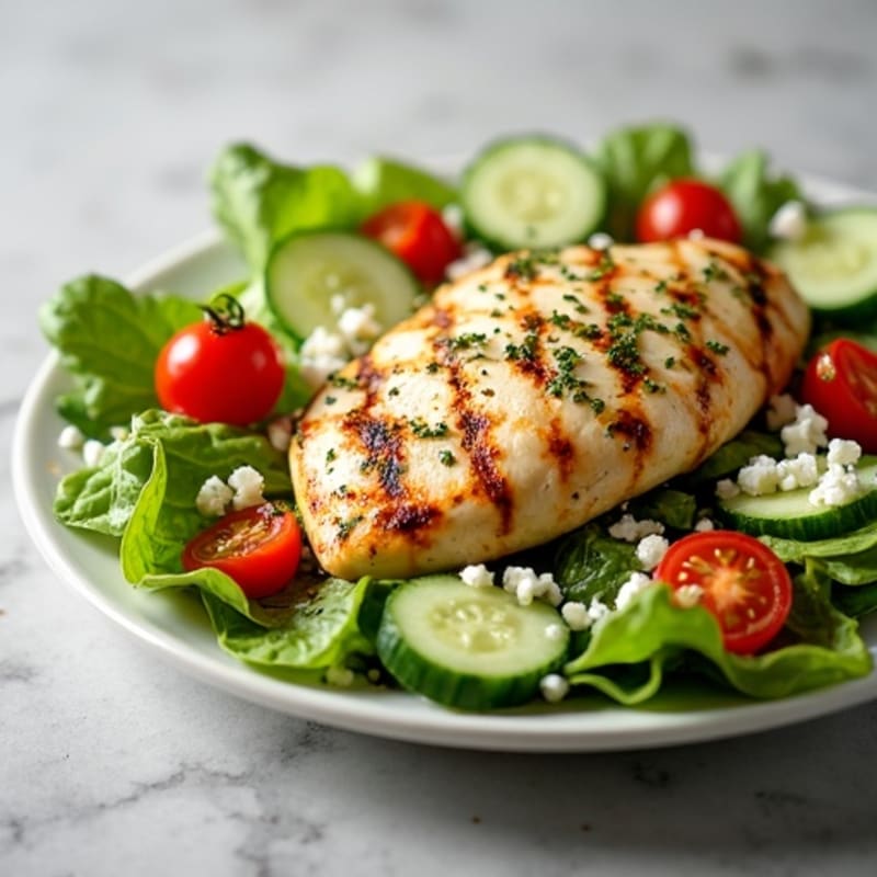 Lemon-Herb Grilled Chicken Salad with Fresh Greens, Crisp Vegetables, and Tangy Feta Dressing