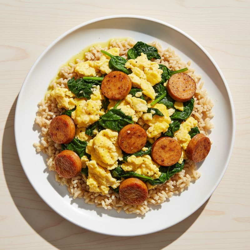 Scrambled Eggs with Chicken Sausage and Sautéed Spinach