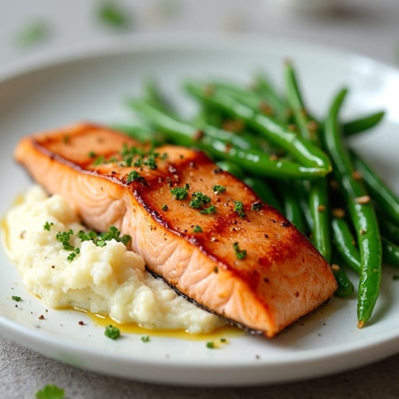 Seared Salmon with Steamed Green Beans and Cauliflower Mash