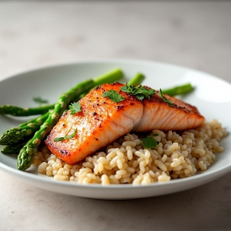 Seared Salmon with Steamed Asparagus and Brown Rice