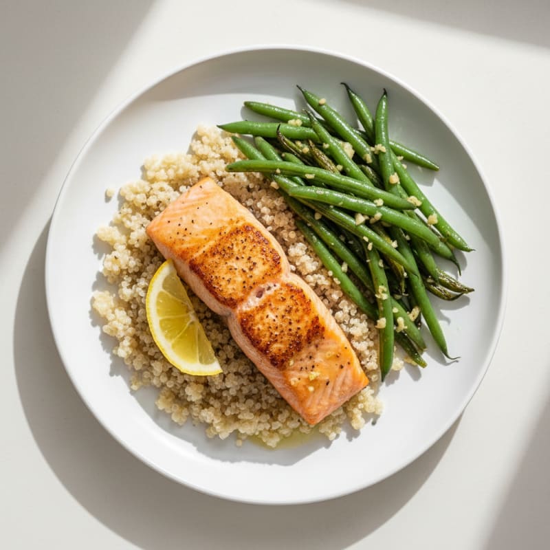 Seared Salmon Fillet with Garlic Green Beans and Quinoa