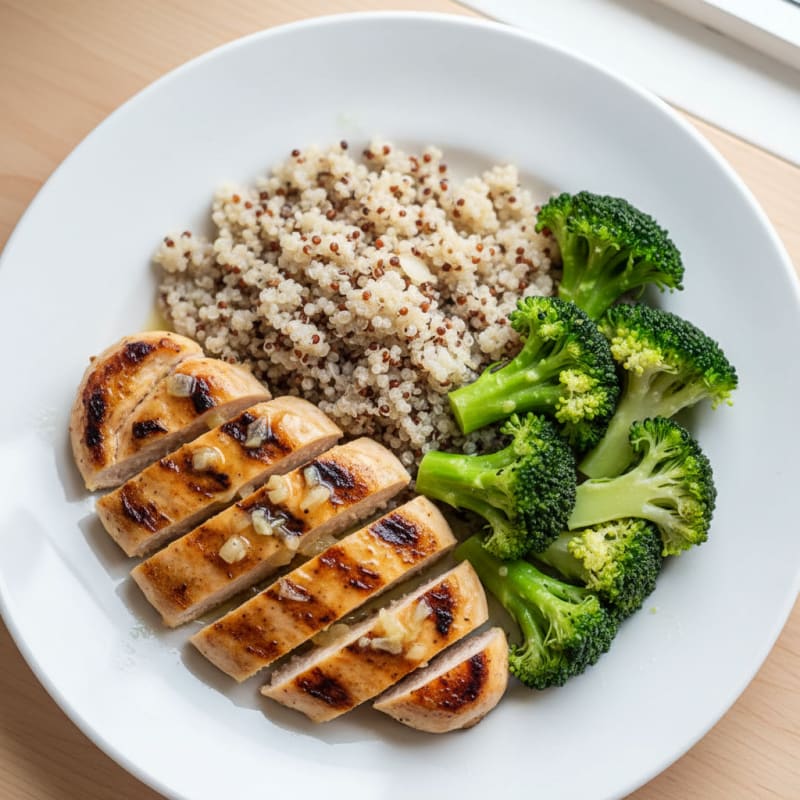 Grilled Lemon Garlic Chicken Breast with Quinoa and Steamed Broccoli