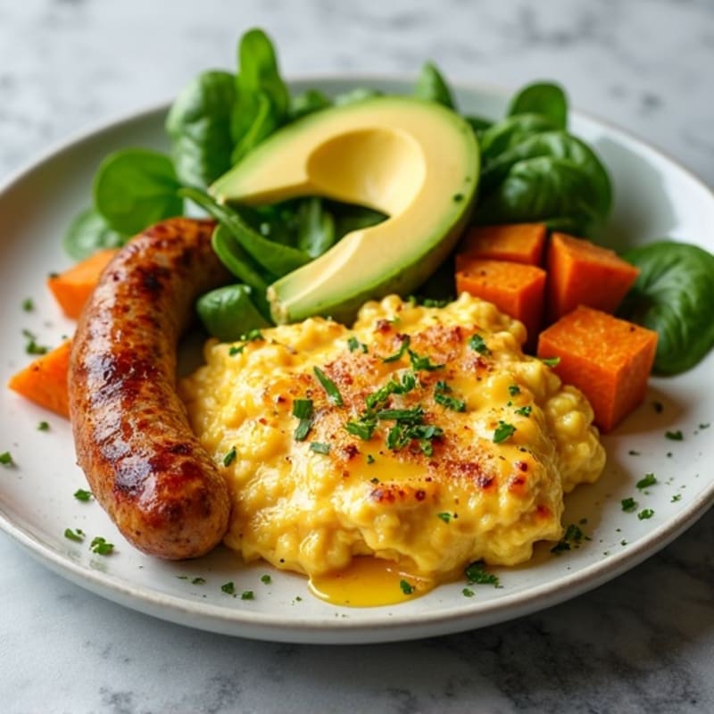 Crispy Turkey Sausage and Egg White Scramble with Roasted Sweet Potato