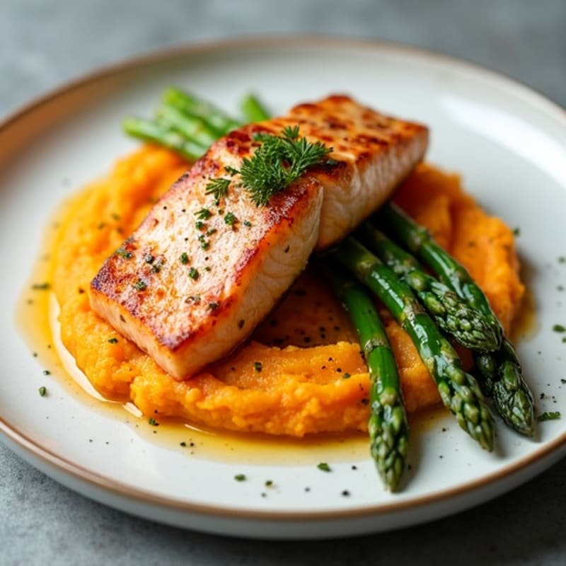 Seared Salmon with Roasted Asparagus and Sweet Potato Mash