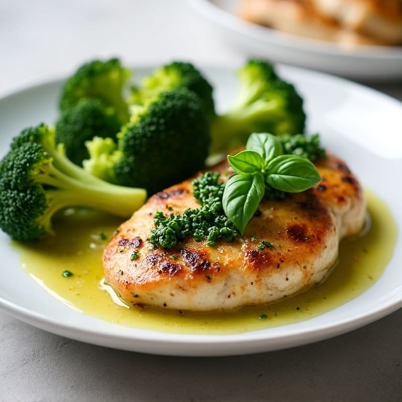 Pan-Seared Chicken with Fresh Basil Pesto and Roasted Broccoli