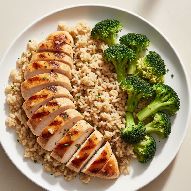 Grilled Chicken Breast with Steamed Broccoli and Brown Rice