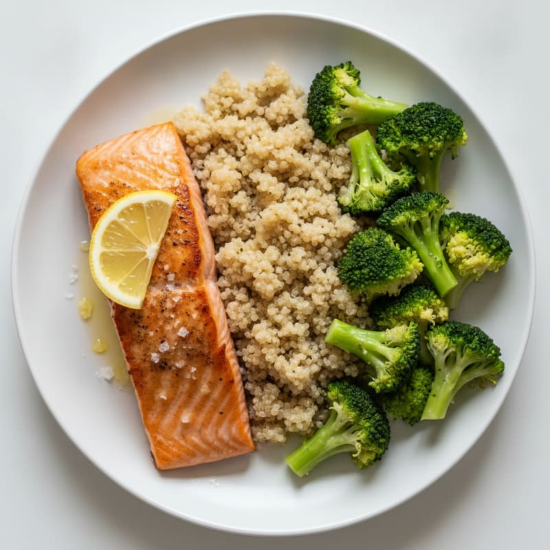 Seared Salmon with Steamed Broccoli and Quinoa