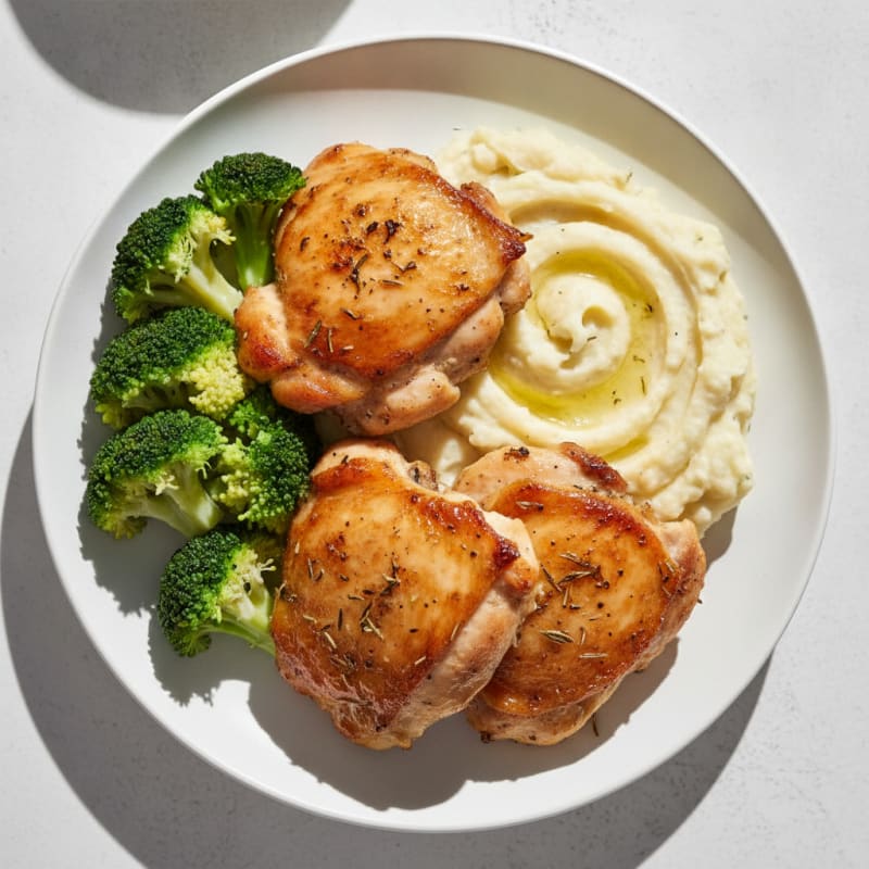 Herb-Baked Chicken Thighs with Garlic Mashed Potatoes and Steamed Broccoli
