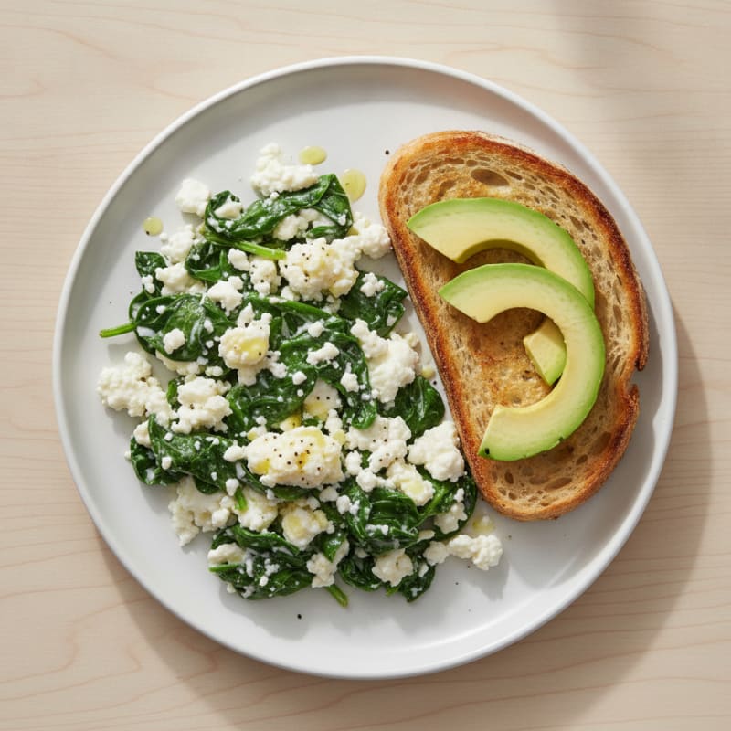 Scrambled Eggs with Cottage Cheese and Sautéed Spinach