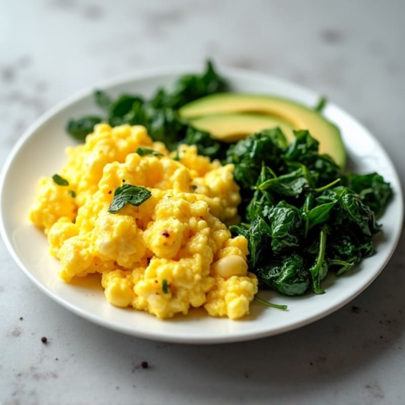 Fluffy Scrambled Eggs with Sautéed Spinach and Creamy Avocado