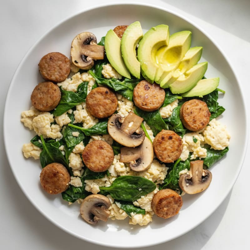 Egg White Spinach Scramble with Turkey Sausage and Sautéed Mushrooms