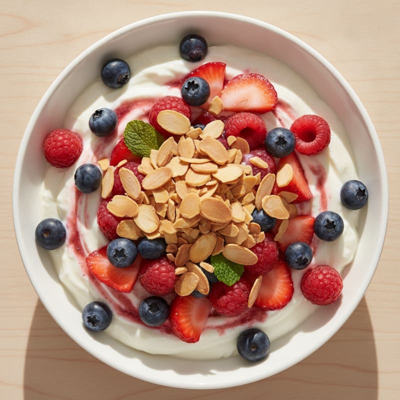 Greek Yogurt Protein Parfait with Mixed Berries and Almonds