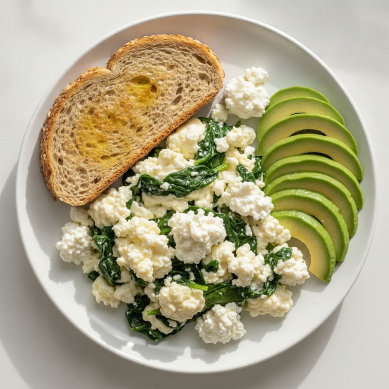 Egg White and Spinach Scramble with Cottage Cheese and Sliced Avocado
