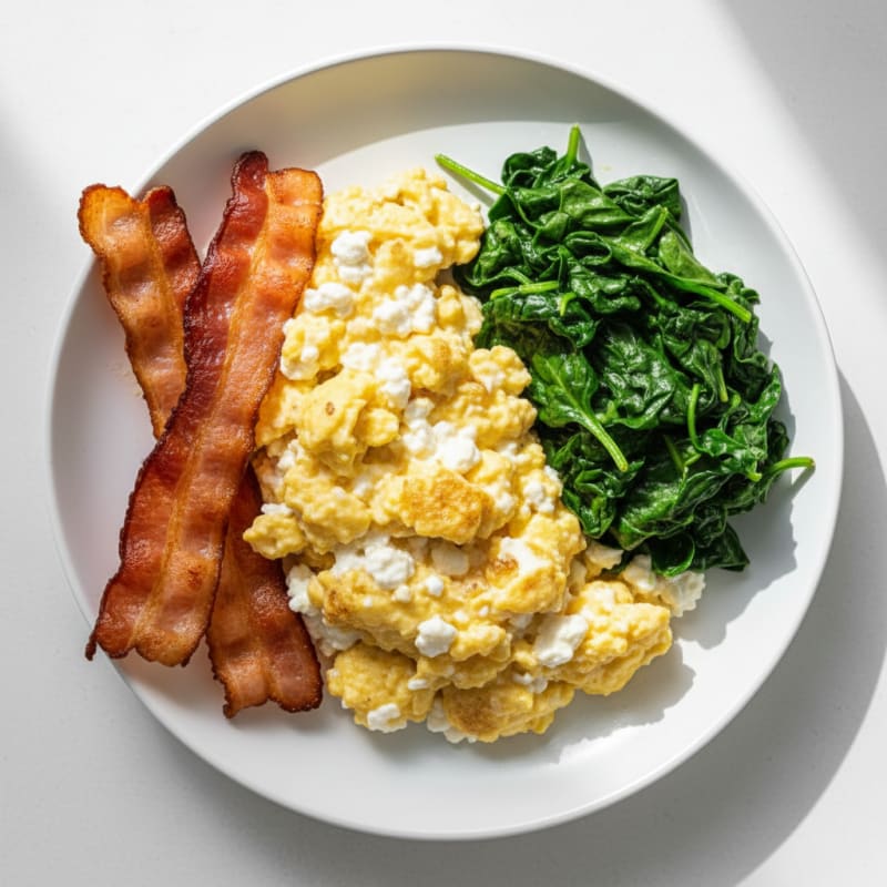 Cottage Cheese Scramble with Turkey Bacon and Sautéed Spinach