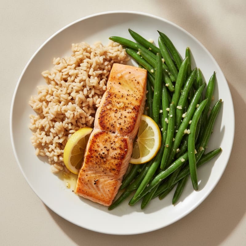 Seared Salmon Fillet with Garlic Green Beans and Brown Rice