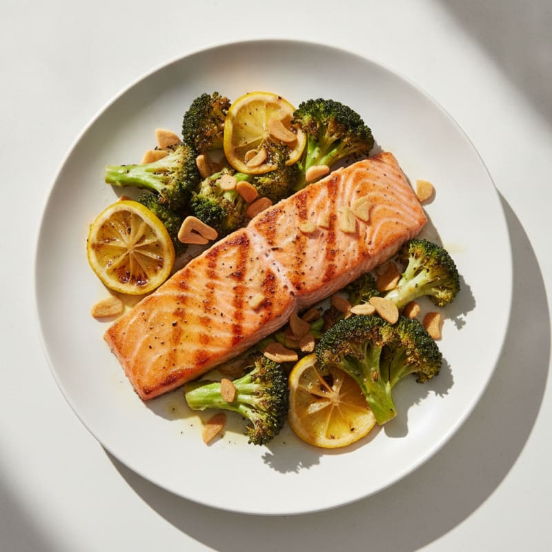 Seared Salmon Fillet with Roasted Broccoli and Garlic