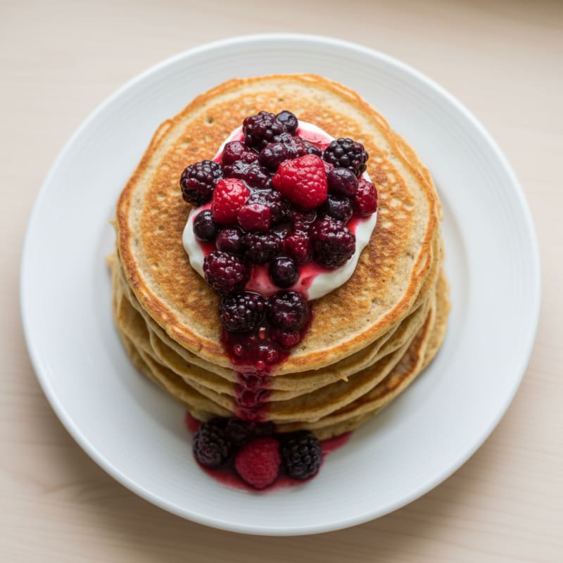 High Protein Buttermilk-Style Pancakes with Berry Compote