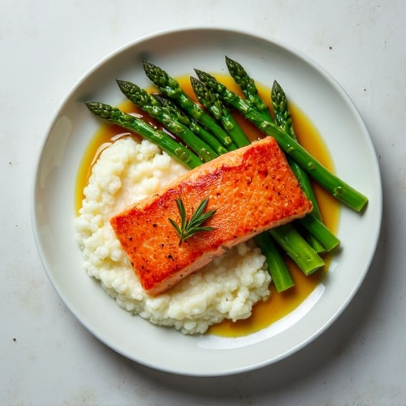 Seared Salmon with Steamed Asparagus and Cauliflower Mash