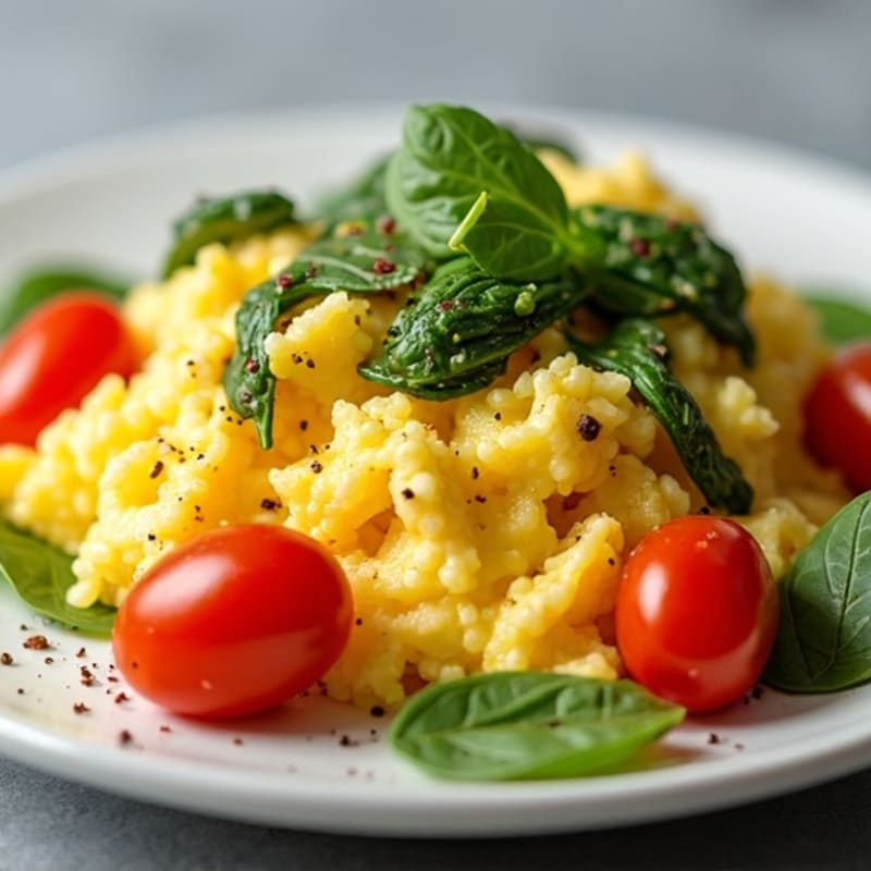 Fluffy Scrambled Eggs with Fresh Spinach and Cherry Tomatoes