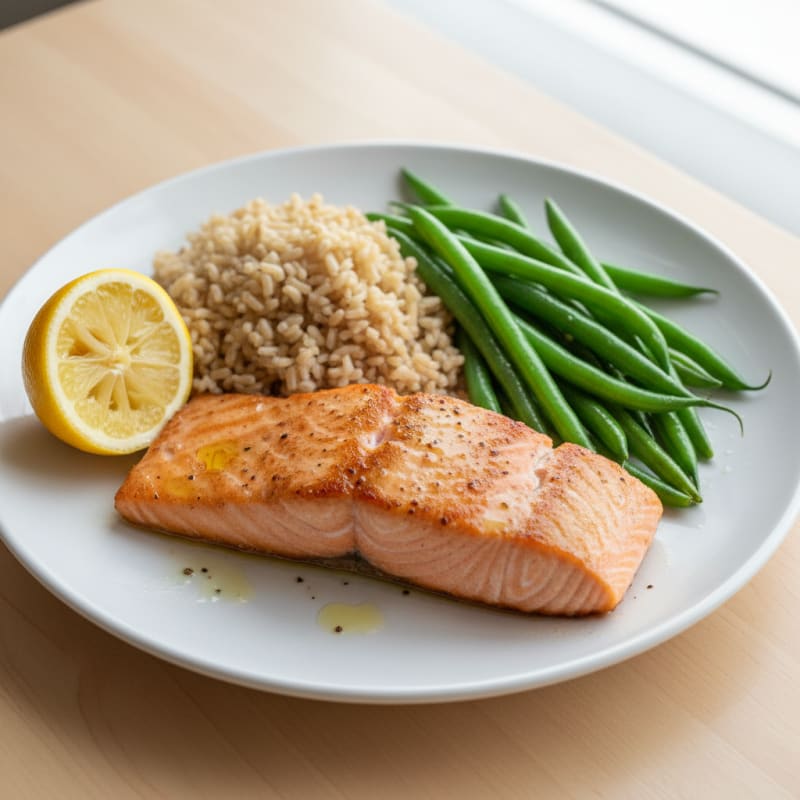 Seared Salmon with Steamed Green Beans and Brown Rice