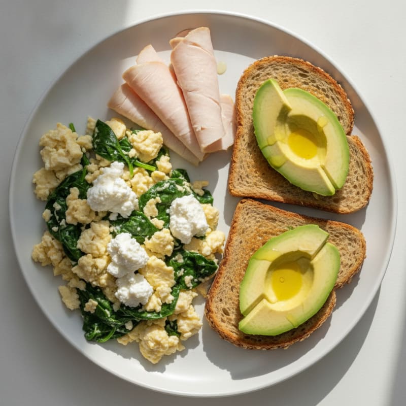 Egg White and Spinach Scramble with Cottage Cheese and Sliced Turkey