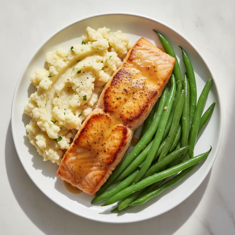 Seared Salmon with Steamed Green Beans and Garlic Mashed Cauliflower