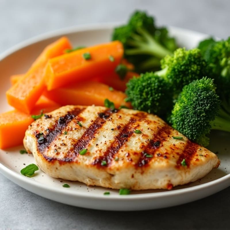 Grilled Chicken Breast with Roasted Sweet Potato and Steamed Broccoli