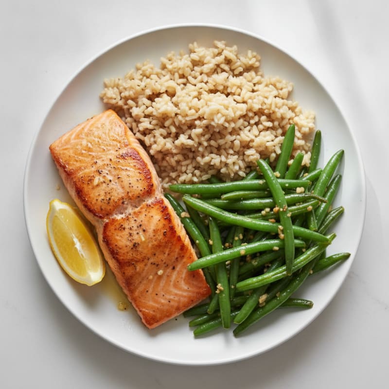 Seared Salmon with Garlic Green Beans and Brown Rice